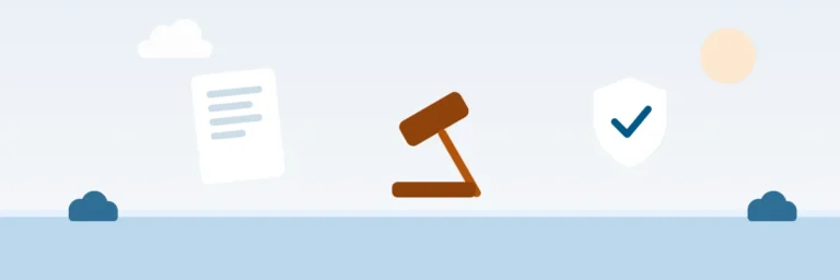 Illustration: a document, a gavel and a shield