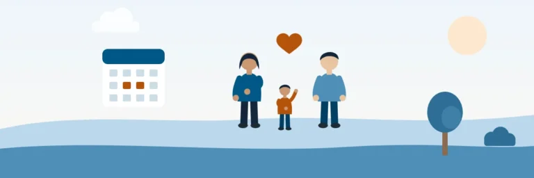 Illustration: working parents with a young child and a leave calendar