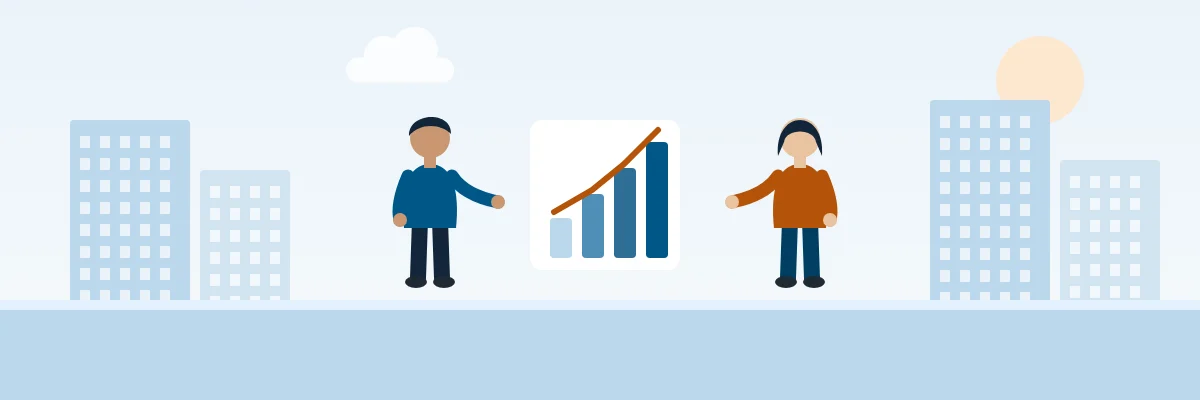 Illustration: office towers, a rising bar chart and two workers discussing it