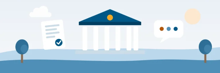 Illustration: a government building, a checked document and a speech bubble