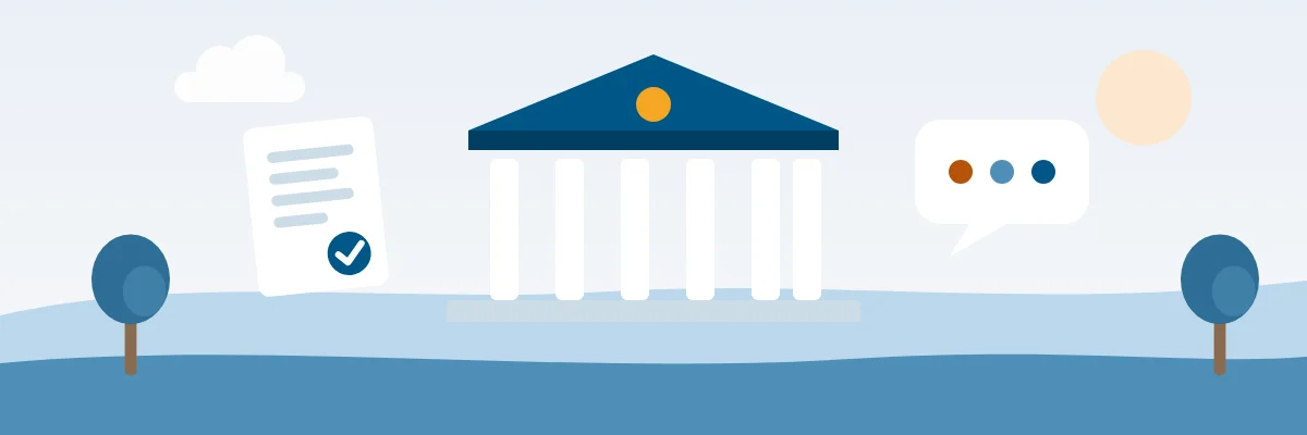 Illustration: a government building, a checked document and a speech bubble