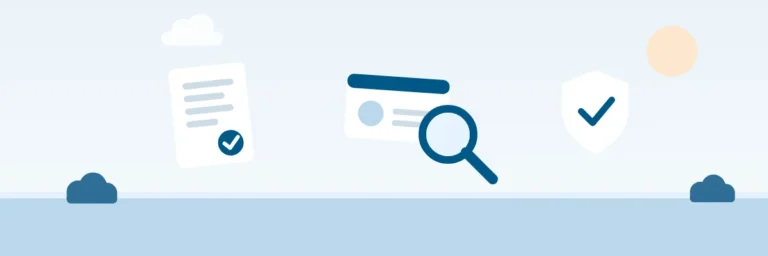 Illustration: a checklist, an ID card under a magnifier and a shield