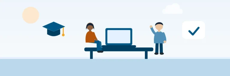 Illustration: a learner at a laptop, a graduation cap and a trainer