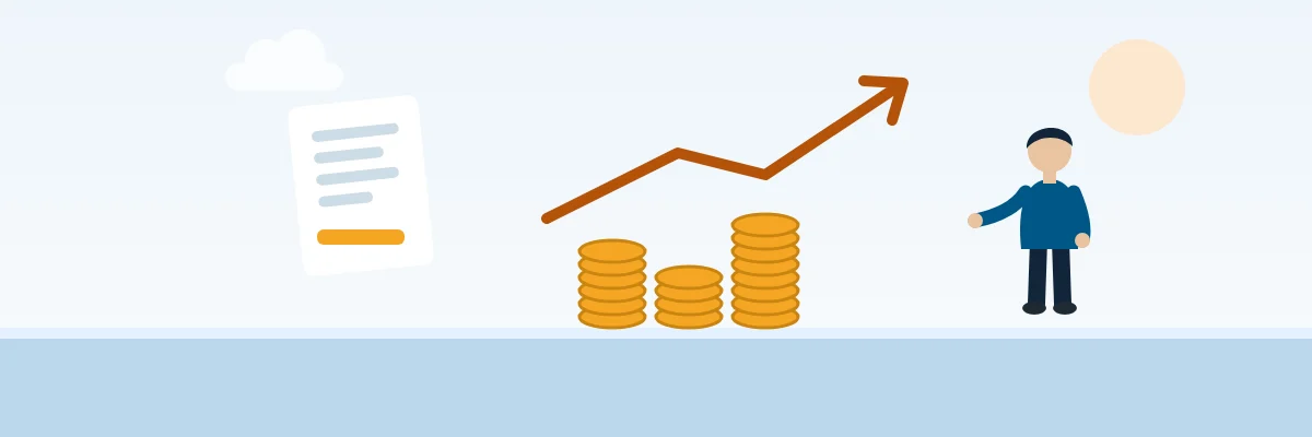 Illustration: a payslip, rising stacks of coins and an upward arrow