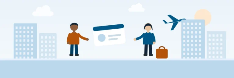 Illustration: workers with a work-pass card, office towers and a plane