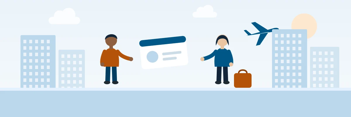 Illustration: workers with a work-pass card, office towers and a plane