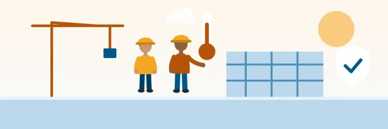 Illustration: construction workers in hard hats beside a crane, a thermometer and a safety shield